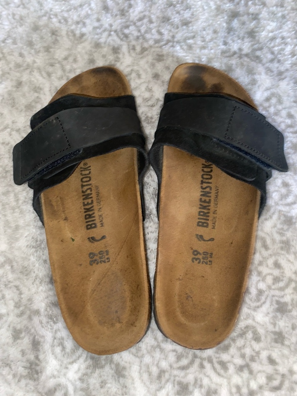 Birkenstock Black Oida Slides with Brown Footbeds great condition